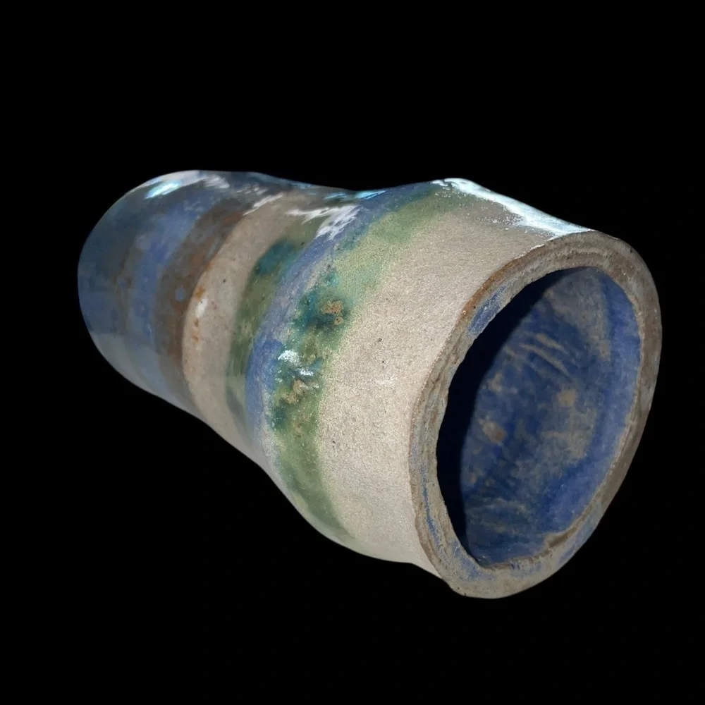 Vintage Handmade Stoneware Cylinder Vase Blue Gray Green Glaze 6.75